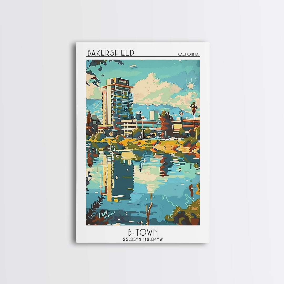 Bakersfield Travel Poster, Framed Canvas Print, Travel Prints, Landscape Art, Retro Wall Art, Vintage Travel Art, City Travel Poster