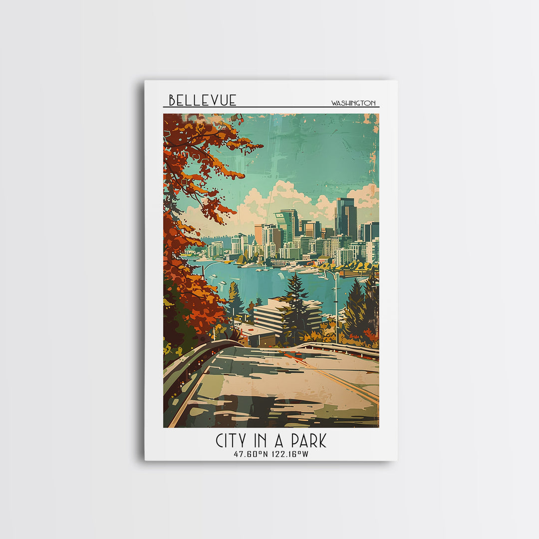 Bellevue Travel Poster, Framed Canvas Print, Retro Wall Art, Travel Print, City Travel Poster, Colorful Wall Art, Retro Travel Print