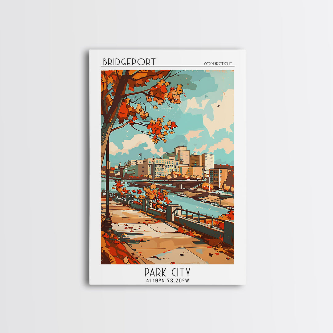 Bridgeport Travel Poster, Framed Canvas Print, City Art Print, Travel Wall Art, Art Print, Retro Travel Poster, Mid Century Wall Art