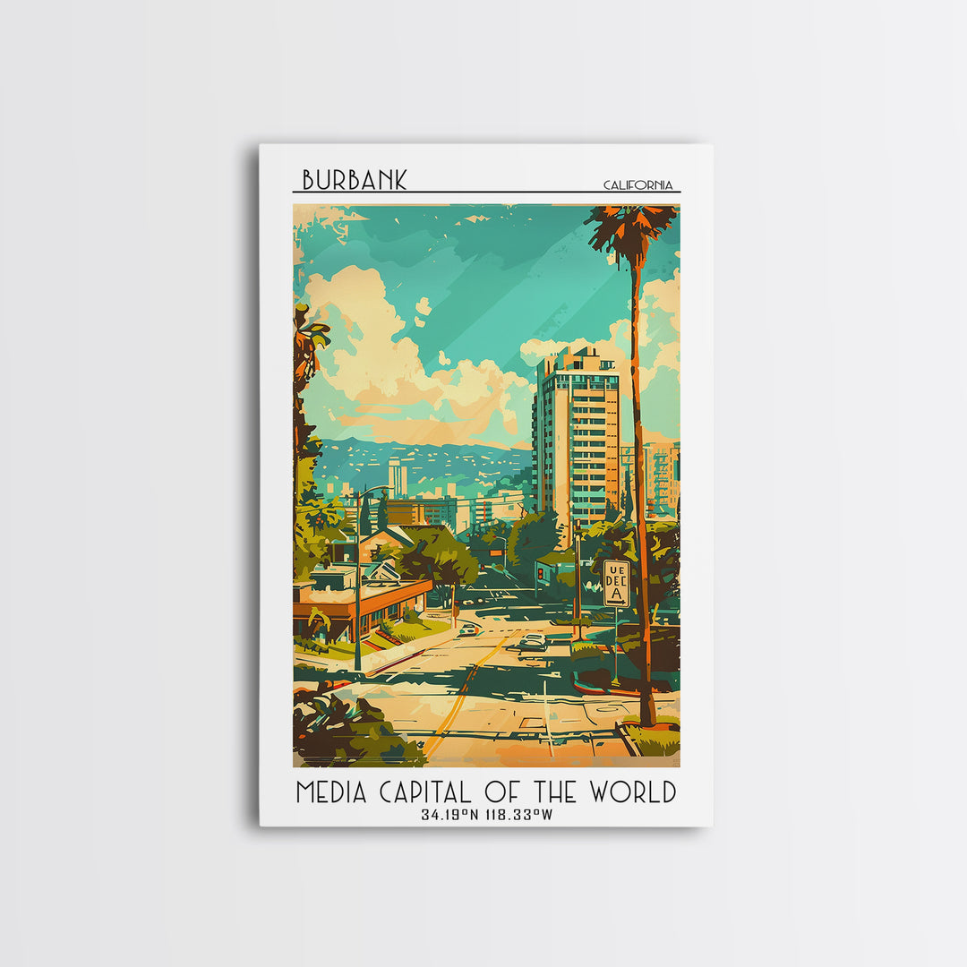 Burbank California Travel Poster, Canvas Print, City Travel Poster, Vintage City Poster, City Illustration, Art Print, City Wall Art