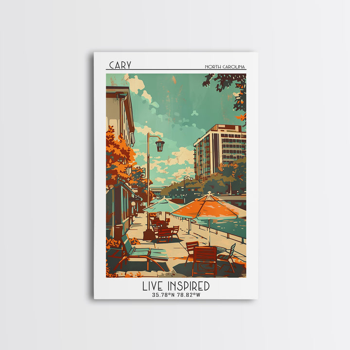 Cary North Carolina Travel Poster, Framed Canvas Print, Retro Wall Art, Travel Print, Art Print, Home Office Decor, Travel Art Print
