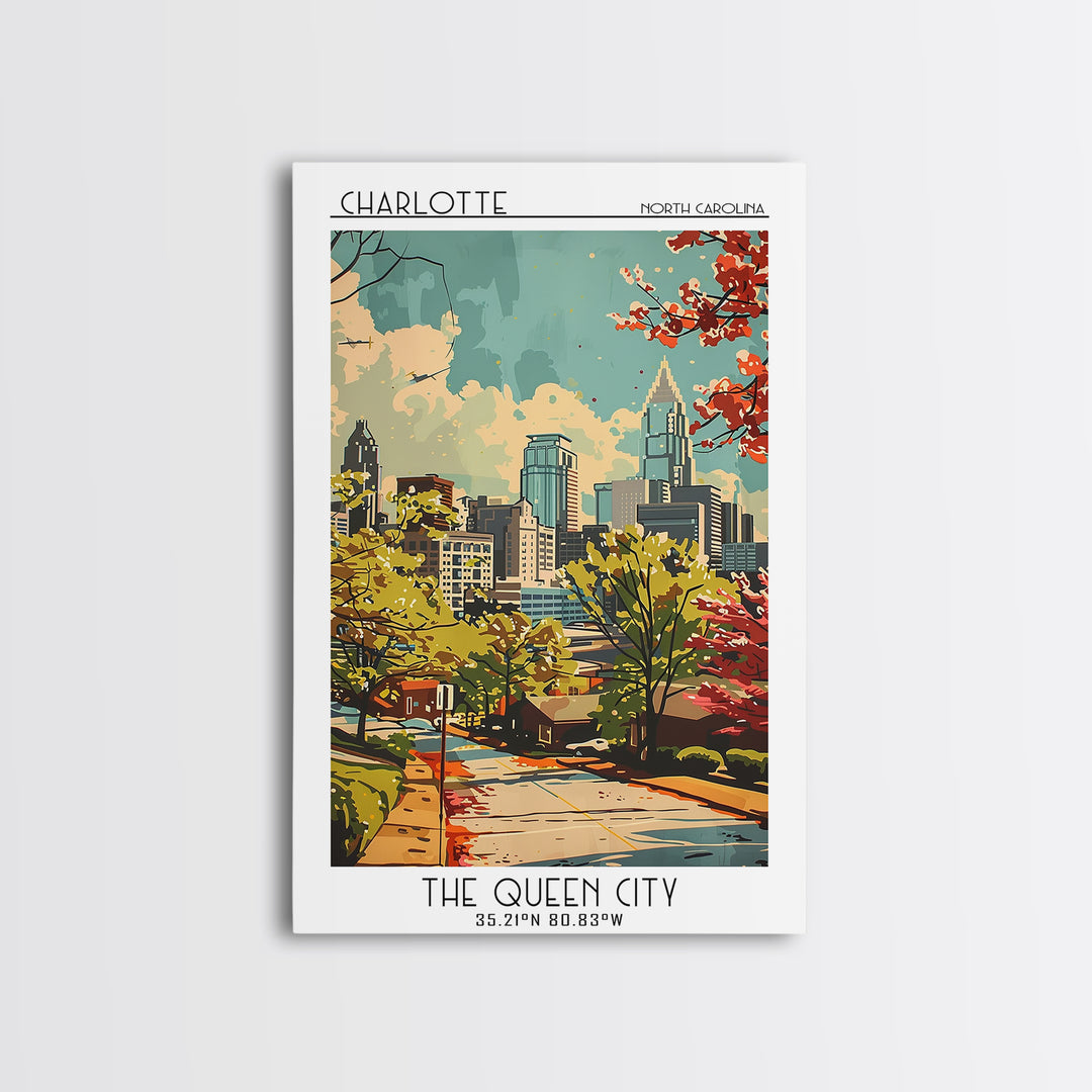 Charlotte North Carolina Travel Poster, Framed Canvas Print, Retro Wall Art, Travel Print, Fine Art Print, Wall Art, Travel Wall Art