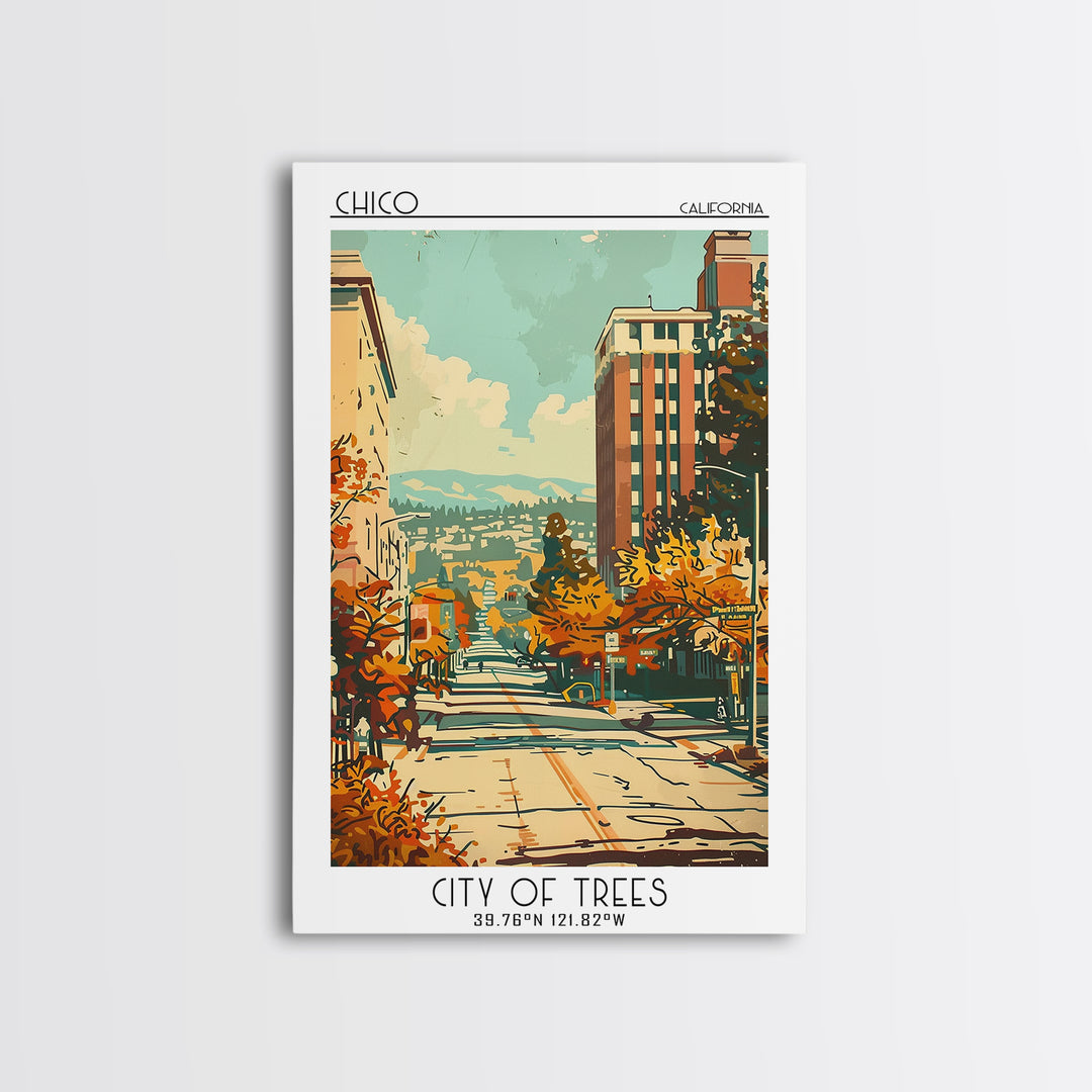 Chico California Travel Poster, Framed Canvas Print, Travel Art Print, Modern Wall Decor, Poster Art, Retro Wall Art, Travel Posters