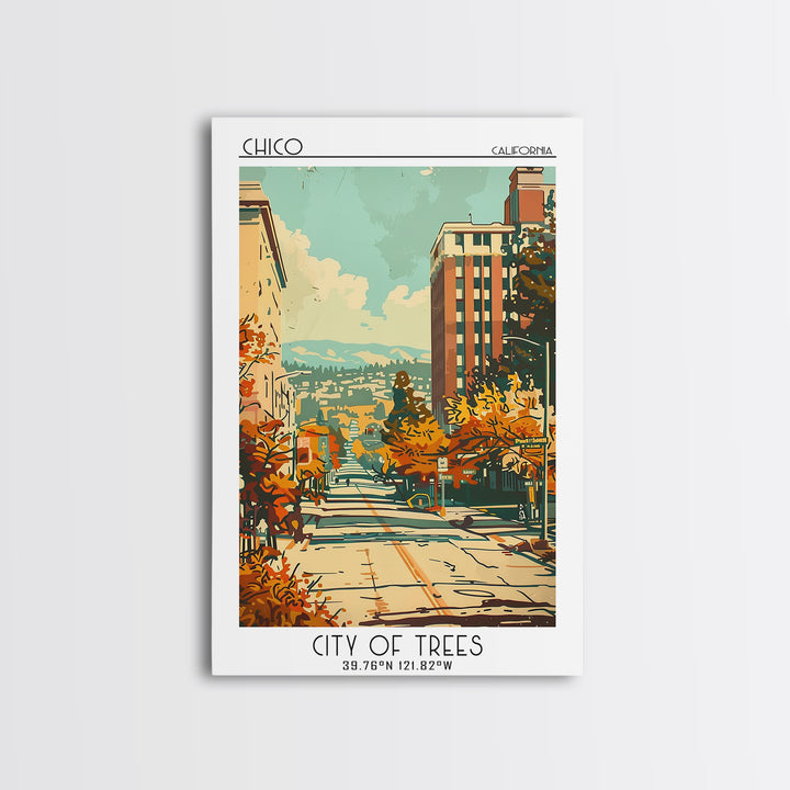 Chico California Travel Poster, Framed Canvas Print, Travel Art Print, Modern Wall Decor, Poster Art, Retro Wall Art, Travel Posters