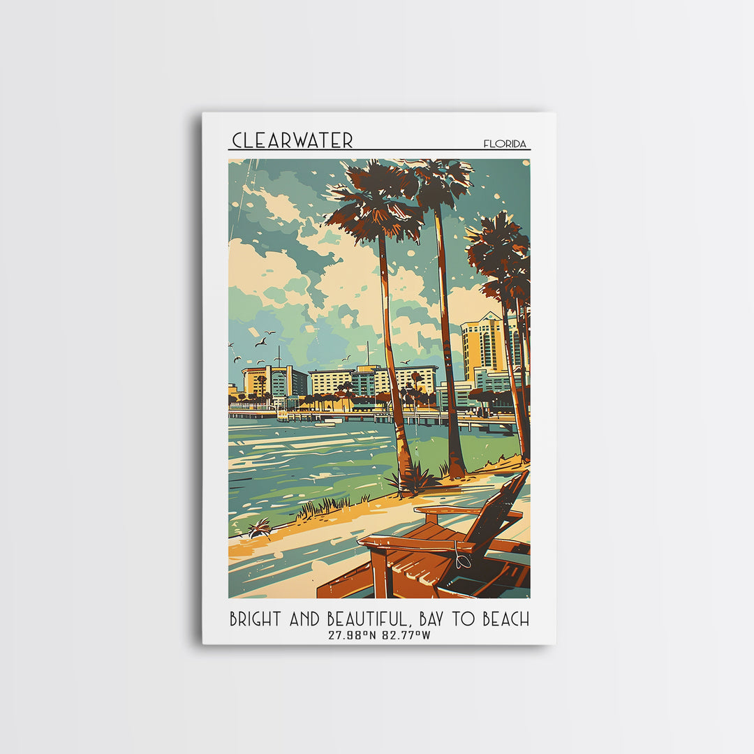 Clearwater Florida Travel Poster, Framed Canvas Print, City Travel Poster, Travel Wall Decor, Travel Art Print, Mid Century Wall Art