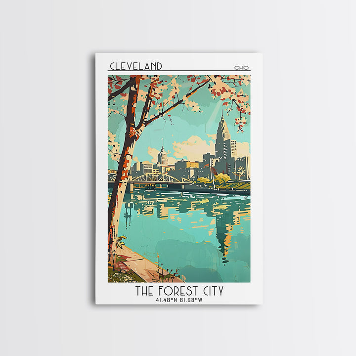 Cleveland Travel Poster, Framed Canvas Print, Travel Wall Decor, Minimalist Poster, Retro Wall Art, Travel Decor, Retro Travel Print