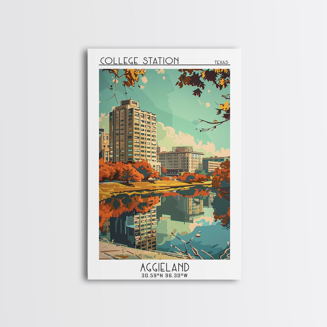 College Station Texas Travel Poster, Framed Canvas Print, Travel Prints, Landscape Art, Poster Art, Wanderlust Gift, Vintage Posters