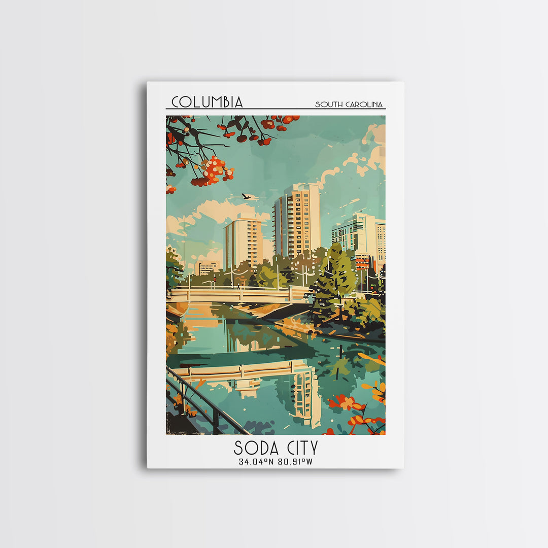 Columbia South Carolina Travel Poster, Framed Canvas Print, City Travel Poster, Travel Wall Decor, Colorful Wall Art, City Art Print