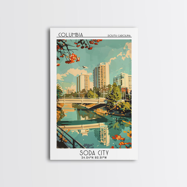 Columbia South Carolina Travel Poster, Framed Canvas Print, City Travel Poster, Travel Wall Decor, Colorful Wall Art, City Art Print