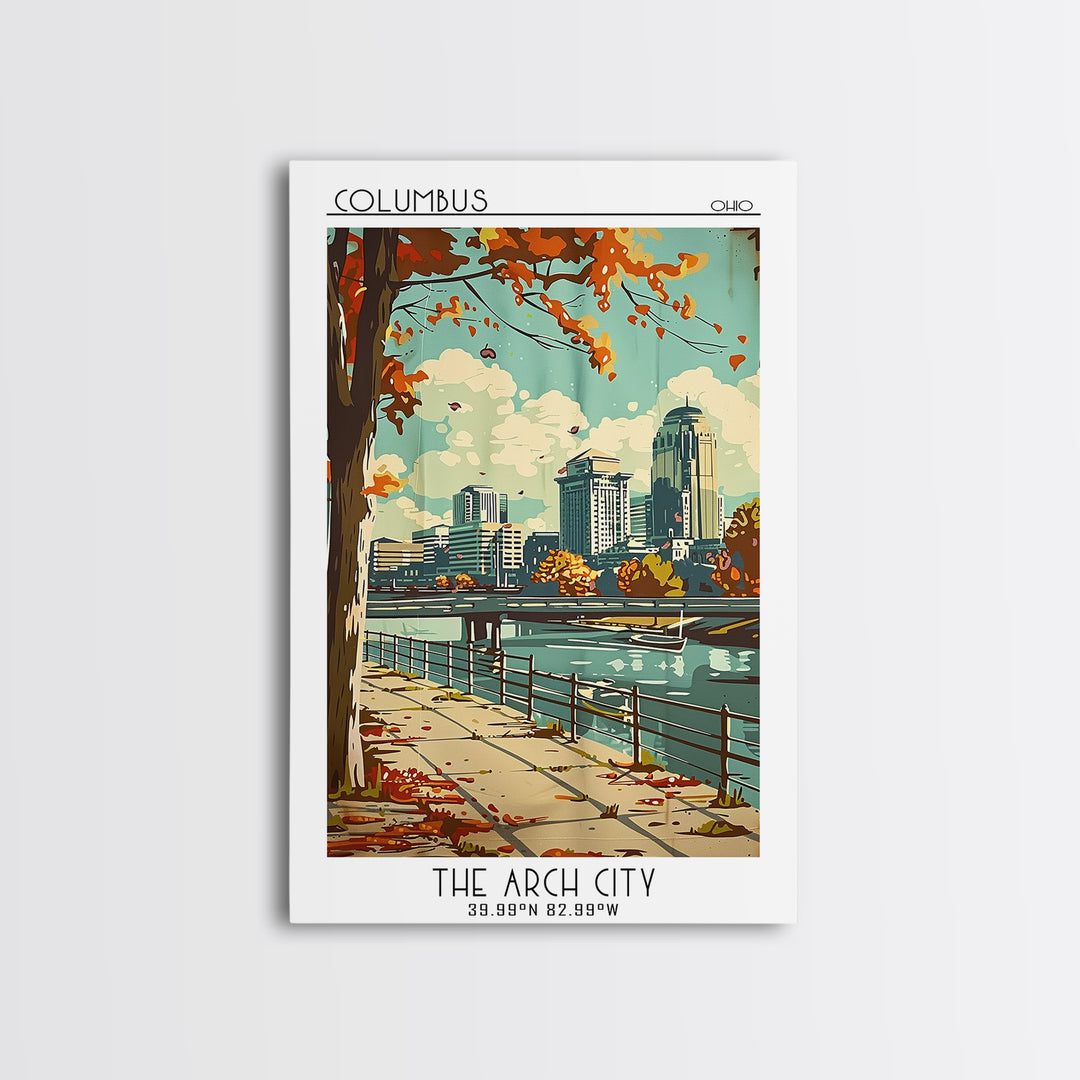 Columbus Ohio Travel Poster, Framed Canvas Print, Travel Art Print, Modern Wall Decor, Colorful Wall Art, Wanderlust Gift, Art Print
