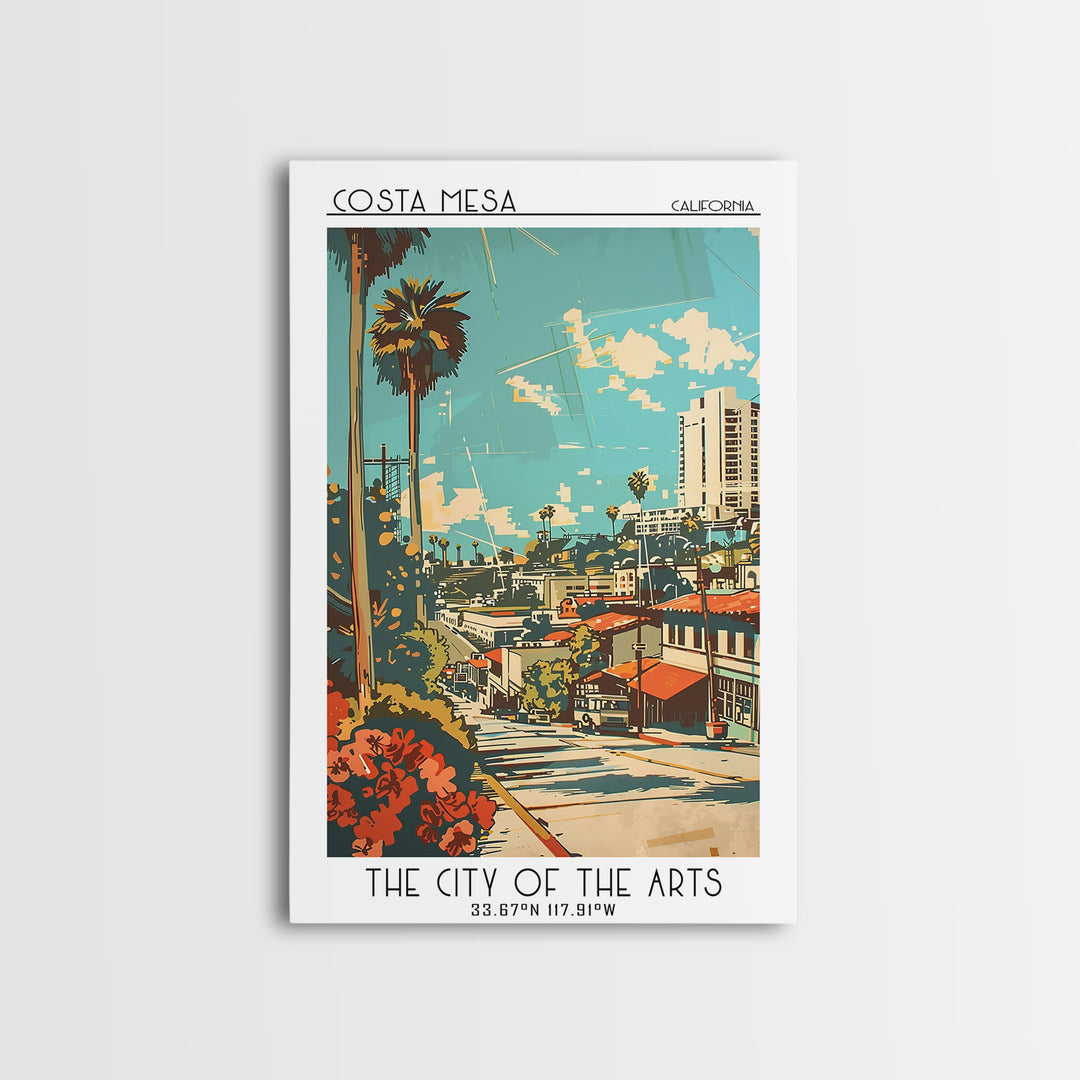 Costa Mesa California Travel Poster, Framed Canvas Print, Travel Prints, Landscape Art, Retro Wall Art, Art Print, City Illustration