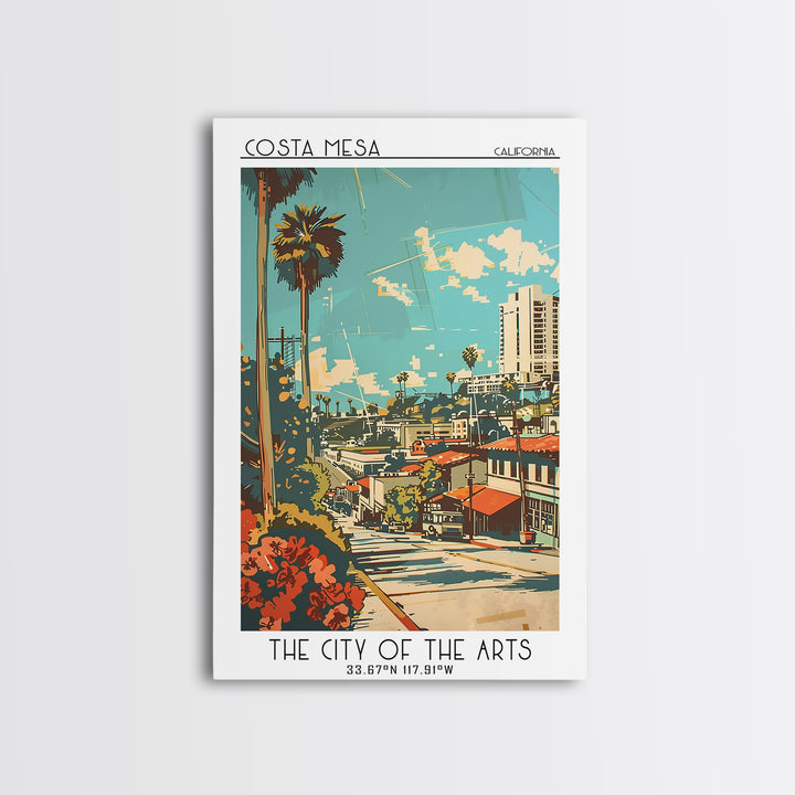 Costa Mesa California Travel Poster, Framed Canvas Print, Travel Prints, Landscape Art, Retro Wall Art, Art Print, City Illustration