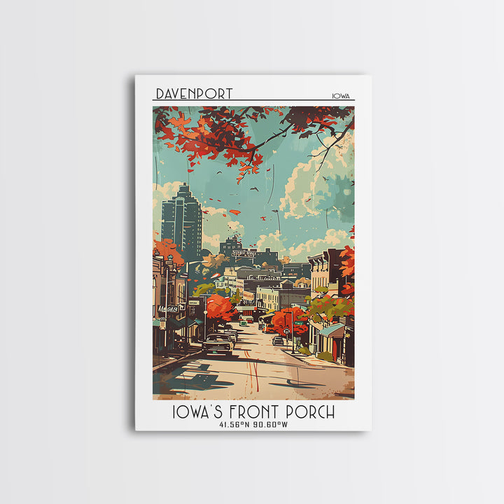 Davenport Iowa Travel Poster, Canvas Print, Retro Wall Art, Travel Print, City Art Print, Vintage Travel Print, Mid Century Wall Art