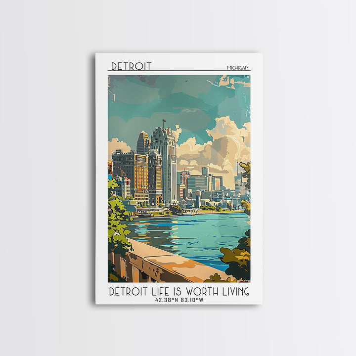 Detroit Michigan Travel Poster, Framed Canvas Print, Retro Travel Poster, City Wall Art, Travel Wall Art, Poster Print, Travel Decor