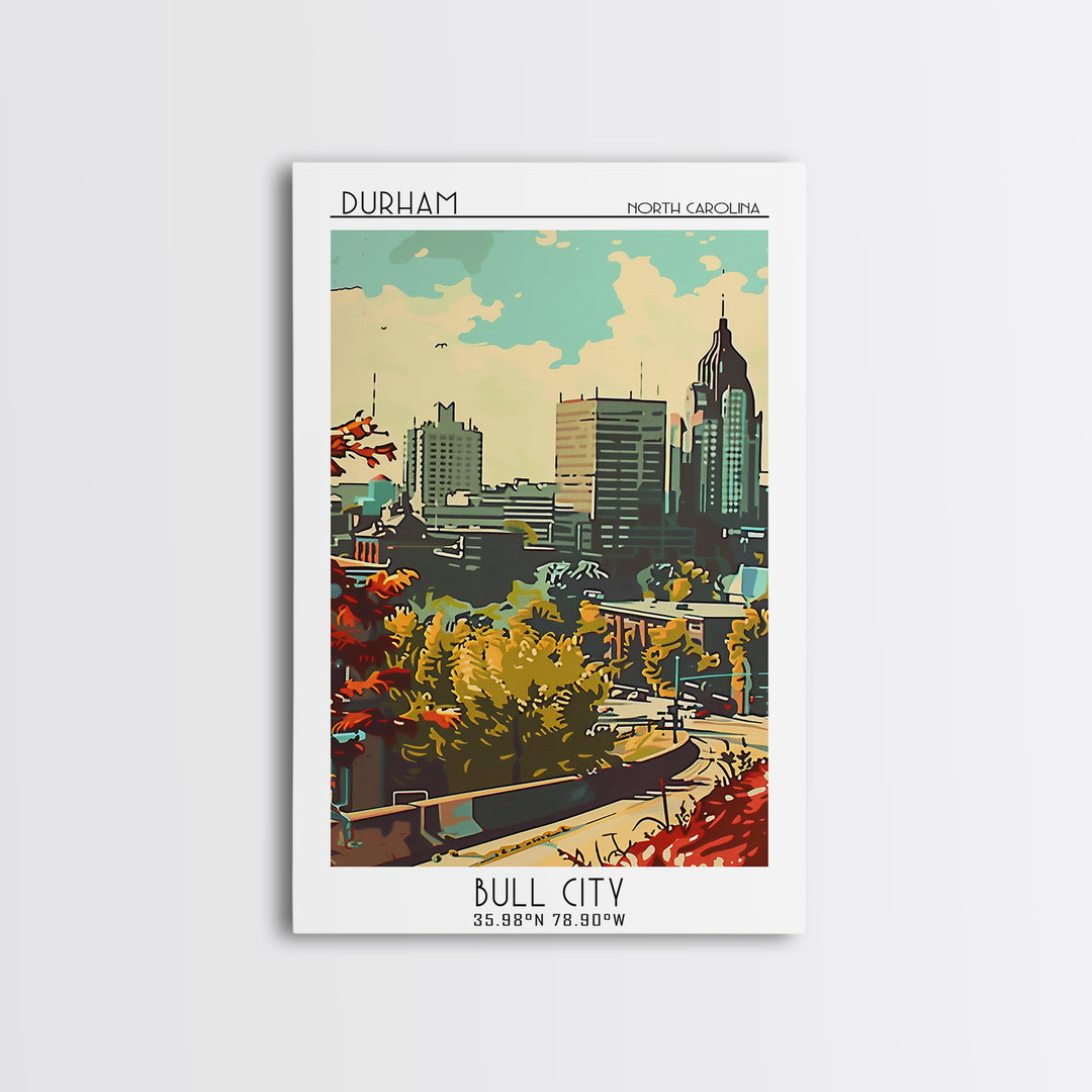 Durham Travel Poster, Framed Canvas Print, Travel Wall Art, City Wall Art, Watercolor Cityscape, Modern Wall Decor, Gallery Wall Set
