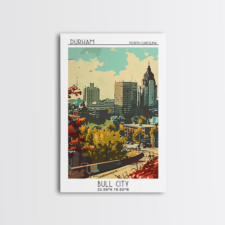 Durham Travel Poster, Framed Canvas Print, Travel Wall Art, City Wall Art, Watercolor Cityscape, Modern Wall Decor, Gallery Wall Set