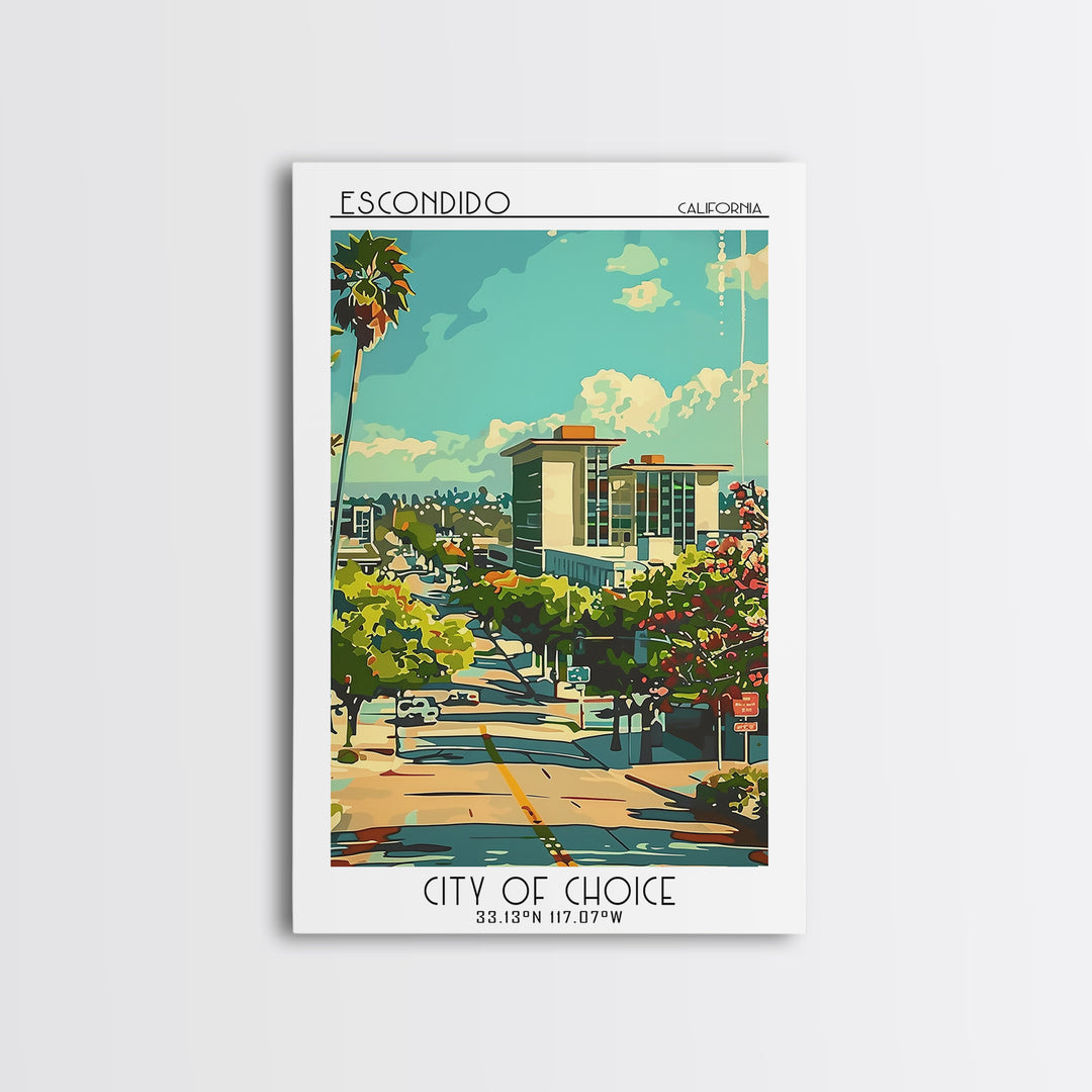 Escondido California Travel Poster, Framed Canvas Print, Travel Art Print, Modern Wall Decor, Art Print, Travel Decor, City Wall Art