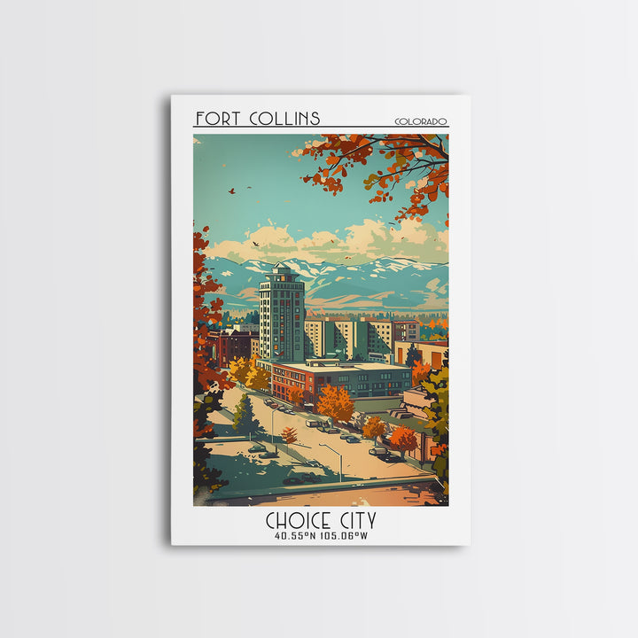 Fort Collins Travel Poster, Framed Canvas Print, Vintage Travel Print, City Wall Art, Vintage Posters, Travel Prints, City Art Print