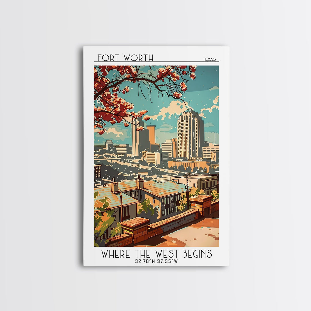 Fort Worth Texas Travel Poster, Framed Canvas Print, Travel Prints, Landscape Art, Modern Wall Decor, Travel Decor, Gallery Wall Set