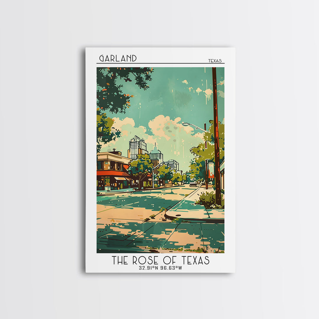 Garland Texas Travel Poster, Framed Canvas Print, Retro Travel Poster, City Wall Art, Wanderlust Gift, Vintage Travel, Landscape Art