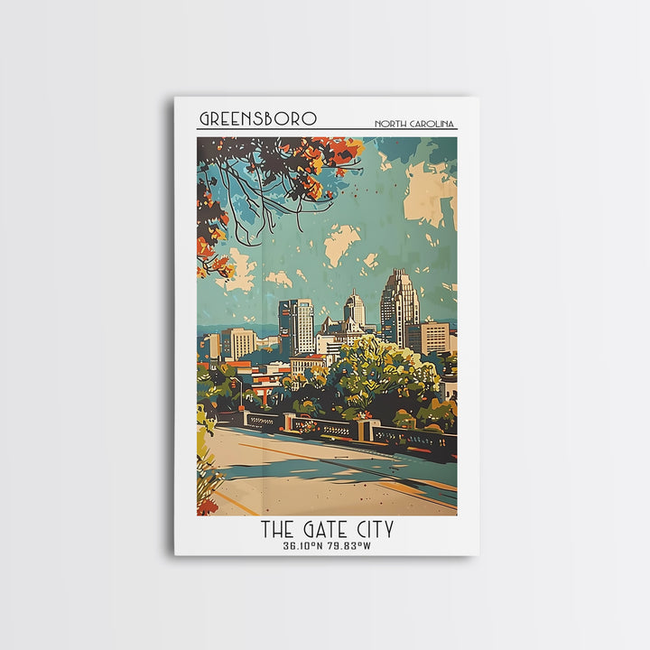 Greensboro Travel Poster, Framed Canvas Print, Retro Wall Art, Travel Print, Living Room Wall Art, Minimalist Poster, Fine Art Print