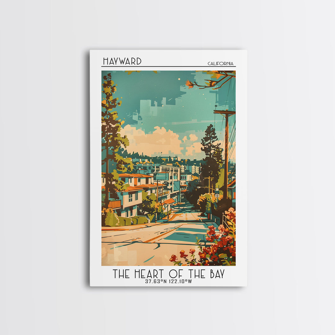Hayward Travel Poster, Framed Canvas Print, Retro Travel Poster, City Wall Art, Landscape Art, Vintage Travel Art, City Illustration