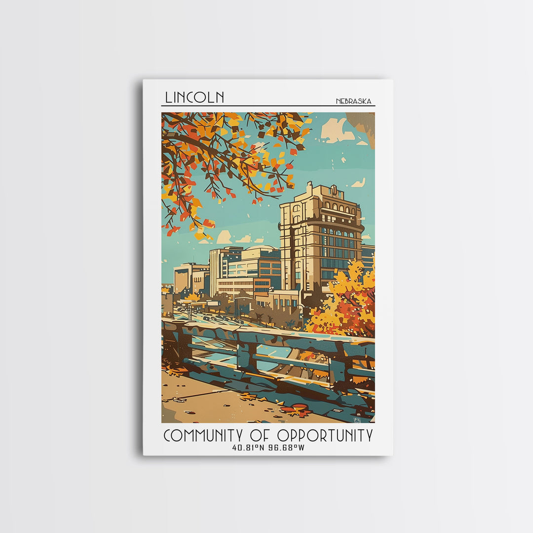 Lincoln Nebraska Travel Poster, Canvas Print, Travel Prints, Landscape Art, Living Room Wall Art, Travel Print, Mid Century Wall Art
