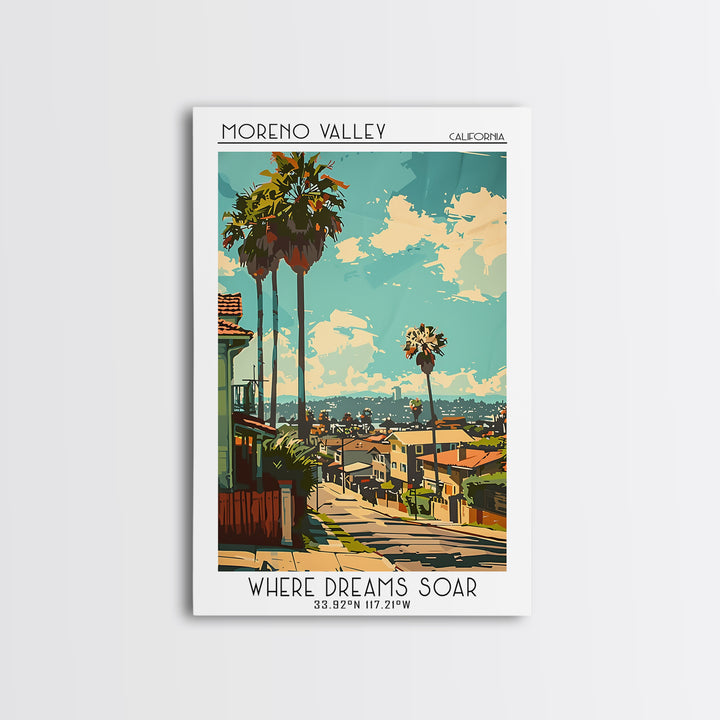 Moreno Valley Travel Poster, Framed Canvas Print, Travel Wall Decor, Minimalist Poster, Travel Print, Retro Travel Print, Poster Art