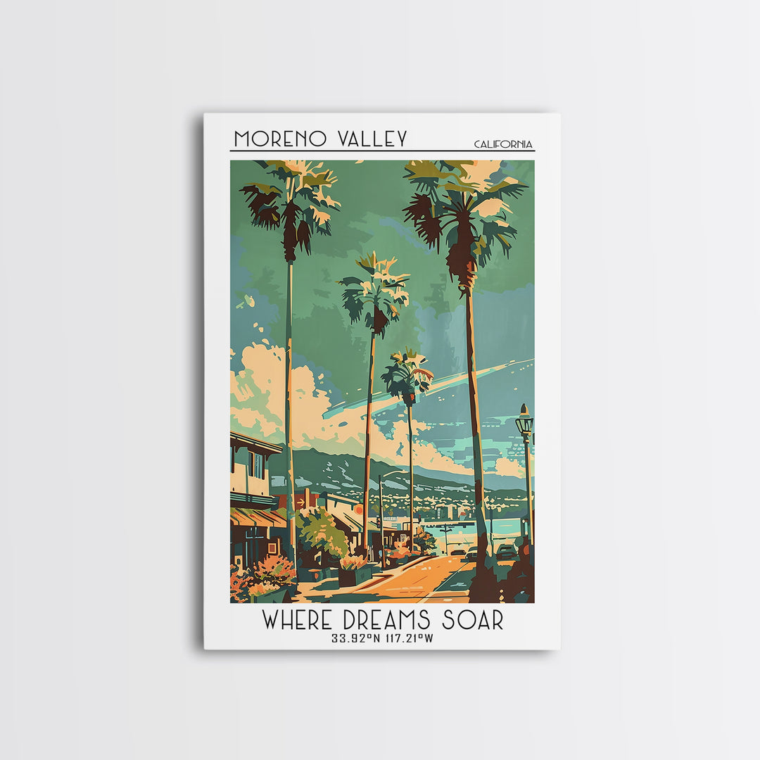 Moreno Valley California Travel Poster, Framed Canvas Print, Travel Wall Art, City Wall Art, Living Room Wall Art, City Illustration