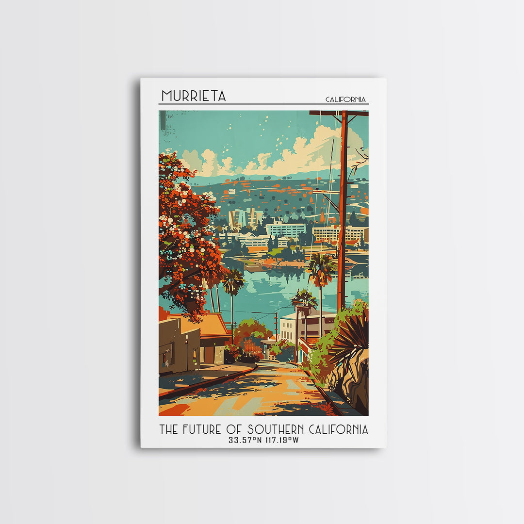 Murrieta California Travel Poster, Framed Canvas Print, Retro Wall Art, Travel Print, Travel Decor, Travel Prints, City Illustration