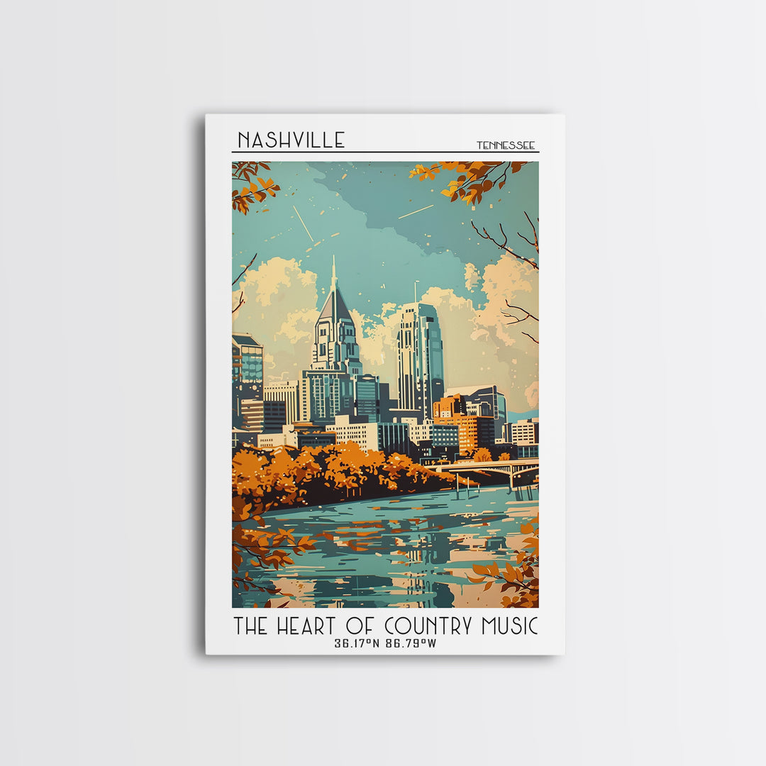 Nashville Travel Poster, Framed Canvas Print, Retro Wall Art, Travel Print, Travel Wall Art, Living Room Wall Art, Colorful Wall Art