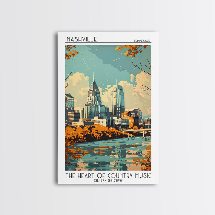 Nashville Travel Poster, Framed Canvas Print, Retro Wall Art, Travel Print, Travel Wall Art, Living Room Wall Art, Colorful Wall Art