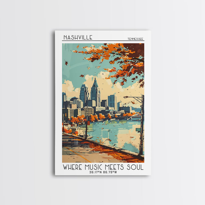 Nashville Tennessee Travel Poster, Framed Canvas Print, Travel Prints, Landscape Art, Poster Print, Mid Century Wall Art, Poster Art