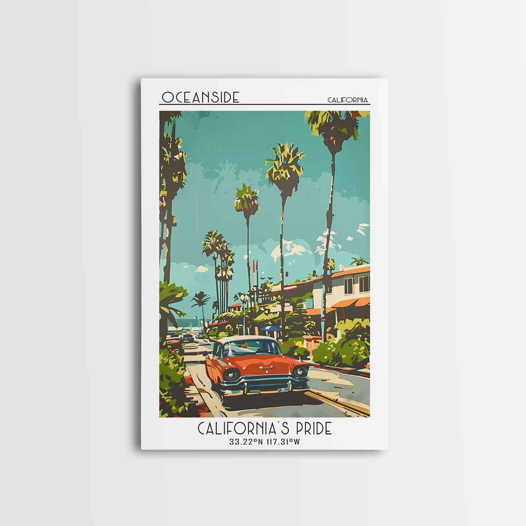 Oceanside Travel Poster, Framed Canvas Print, Travel Prints, Landscape Art, Wanderlust Gift, Mid Century Wall Art, Minimalist Poster