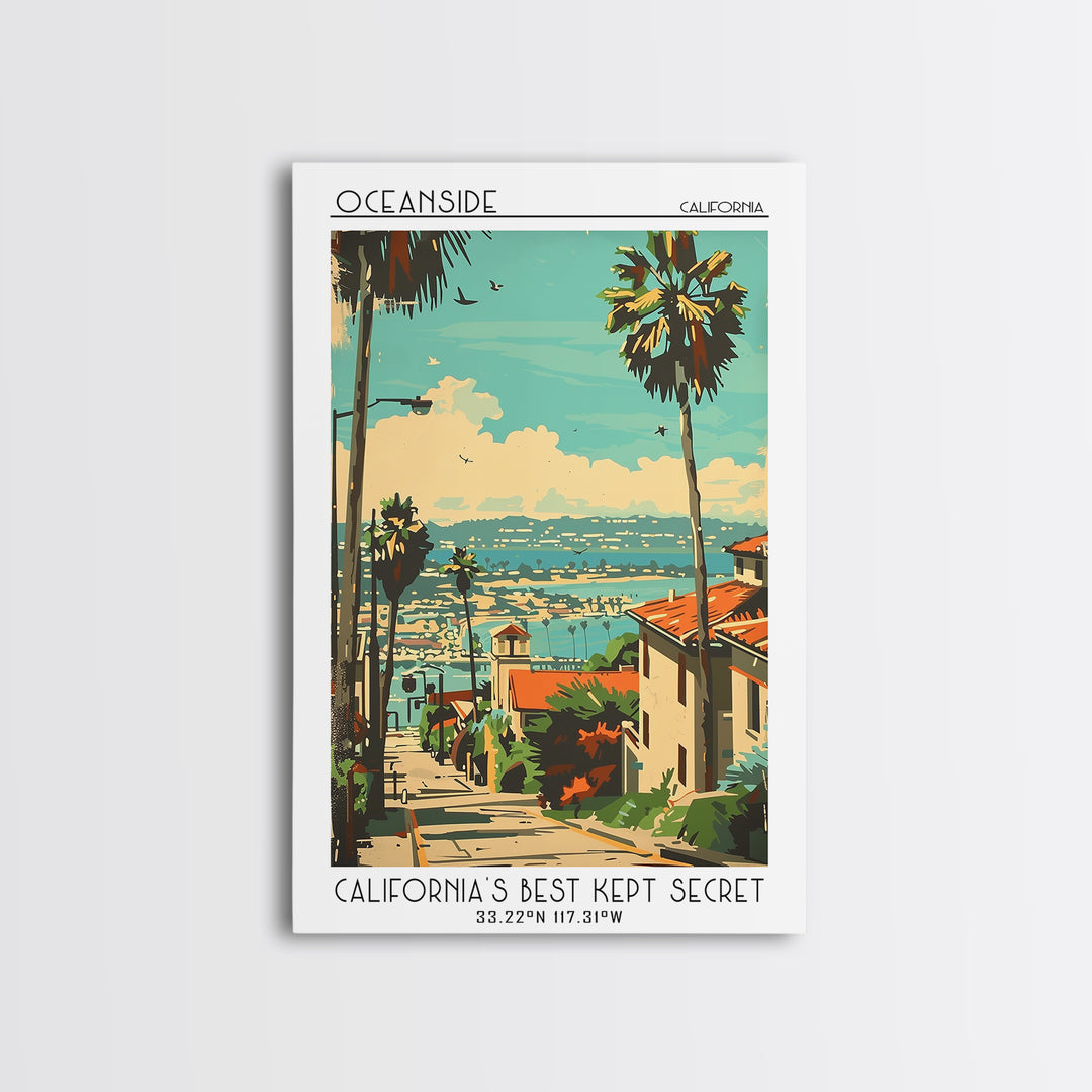 Oceanside California Travel Poster, Framed Canvas Print, Retro Travel Poster, City Wall Art, Home Decor, Landscape Art, Travel Decor