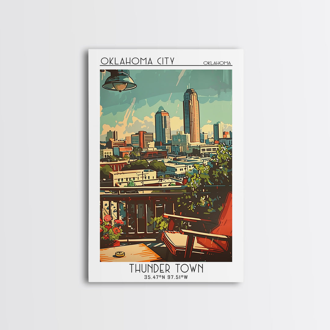 Oklahoma City Oklahoma Travel Poster, Framed Canvas Print, Travel Wall Art, City Wall Art, Watercolor Cityscape, Retro Travel Poster