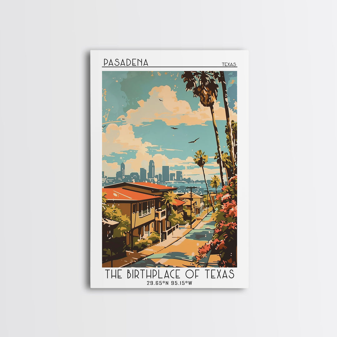 Pasadena Texas Travel Poster, Canvas Print, Retro Travel Poster, City Wall Art, Retro Travel Print, Home Decor, Watercolor Cityscape
