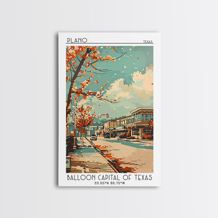 Plano Texas Travel Poster, Framed Canvas Print, Travel Prints, Landscape Art, Retro Travel Poster, Vintage Travel, City Illustration