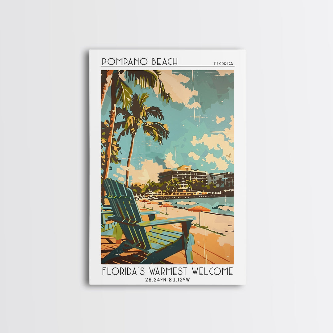 Pompano Beach Travel Poster, Framed Canvas Print, Retro Wall Art, Travel Print, City Illustration, Minimalist Poster, Vintage Travel