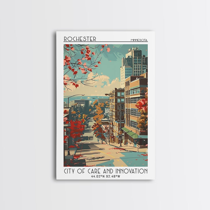 Rochester Minnesota Travel Poster, Framed Canvas Print, Retro Wall Art, Travel Print, Mid Century Wall Art, Fine Art Print, Wall Art