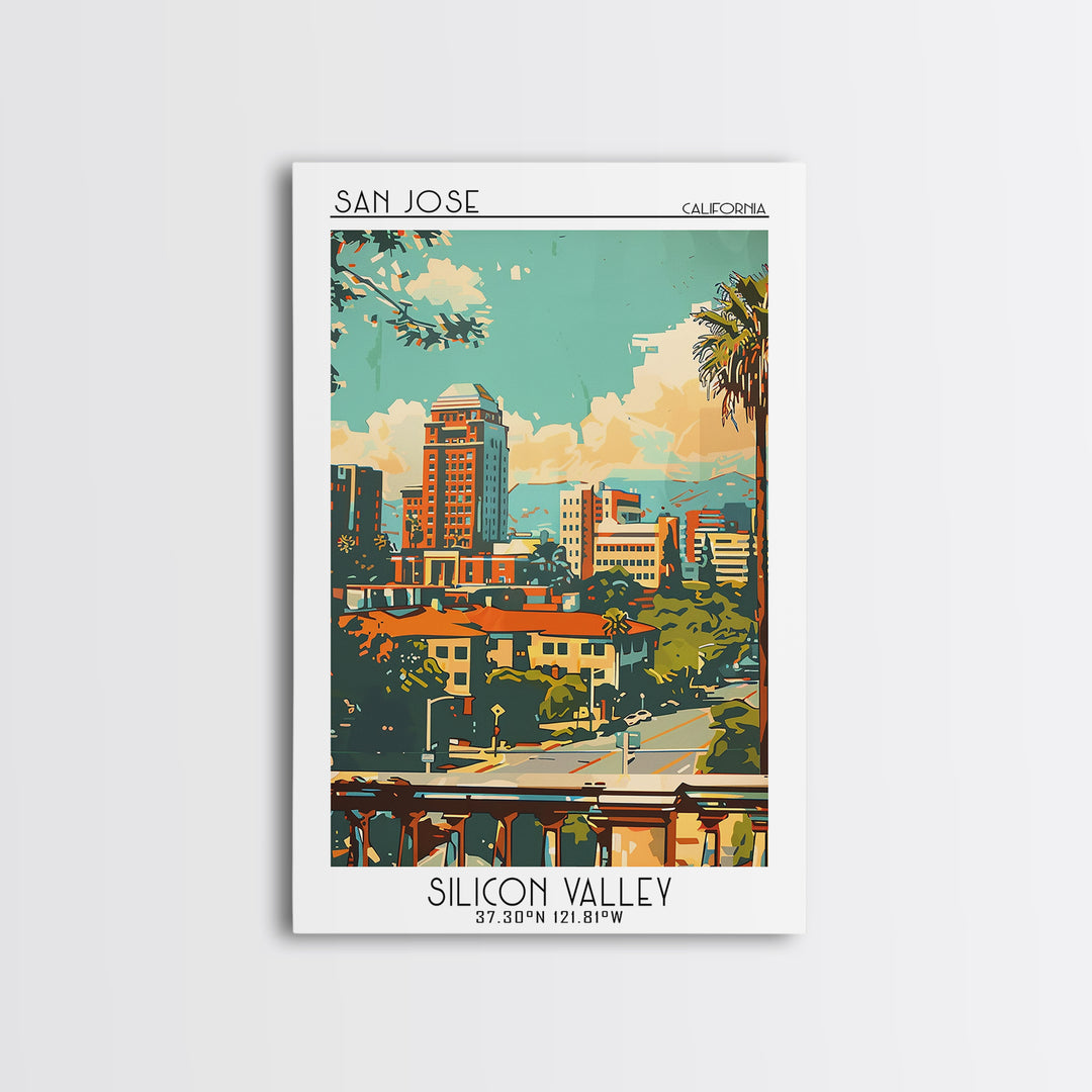 San Jose California Travel Poster, Framed Canvas Print, Travel Prints, Landscape Art, Vintage Travel Print, Wall Art, Retro Wall Art