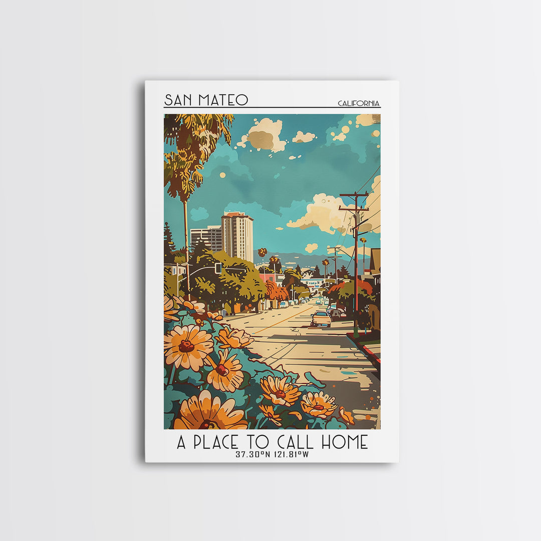 San Mateo Travel Poster, Canvas Print, Retro Travel Poster, City Wall Art, Travel Prints, Travel Decor, Home Office Decor, Art Print