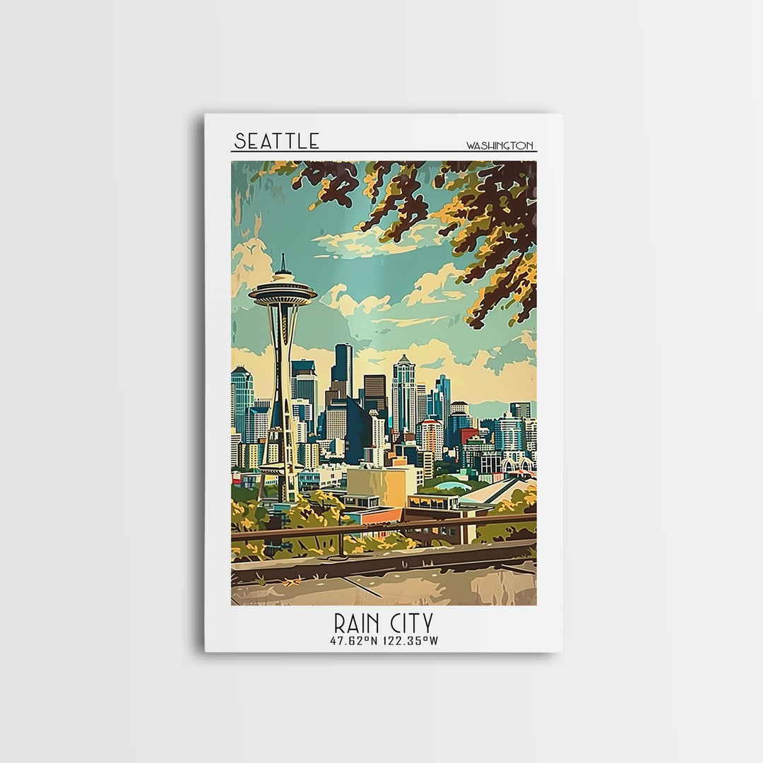Seattle Washington Travel Poster, Canvas Print, City Travel Poster, Travel Wall Art, Retro Wall Art, Colorful Wall Art, Travel Decor