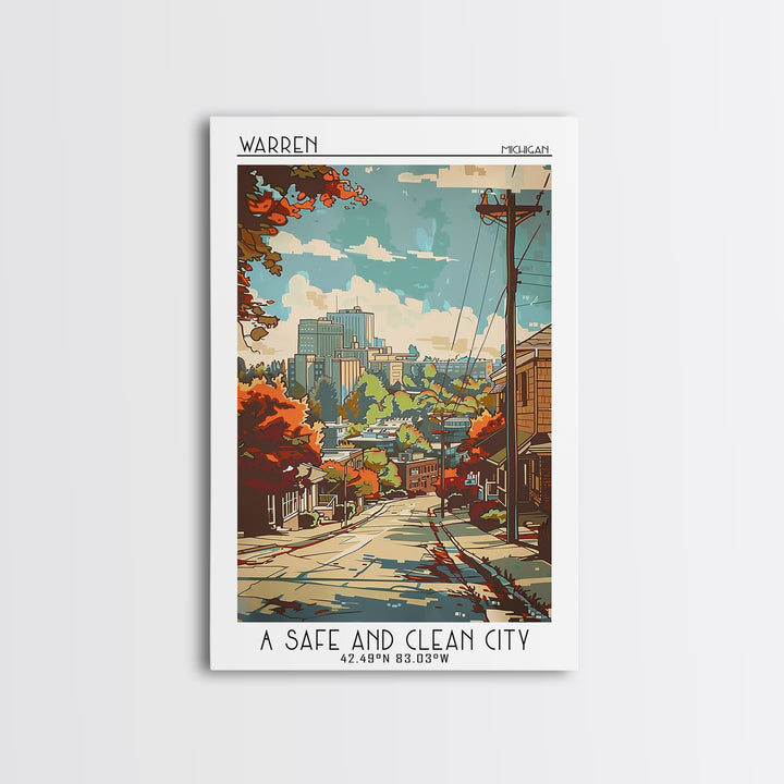 Warren Michigan Travel Poster, Framed Canvas Print, Vintage Travel Print, City Wall Art, Poster Print, Retro Travel Poster, Wall Art