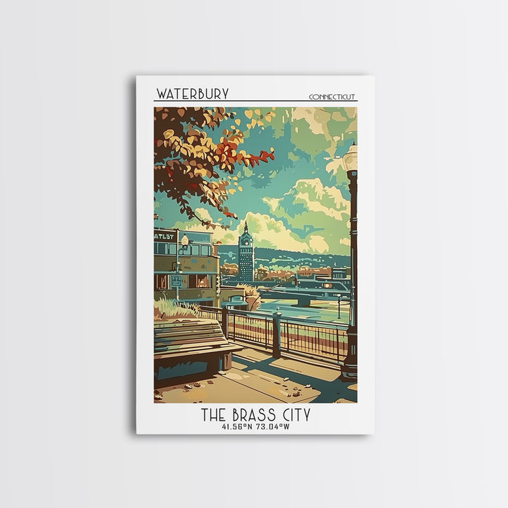 Waterbury Travel Poster, Framed Canvas Print, City Art Print, Travel Wall Art, Travel Art Print, Watercolor Cityscape, Landscape Art