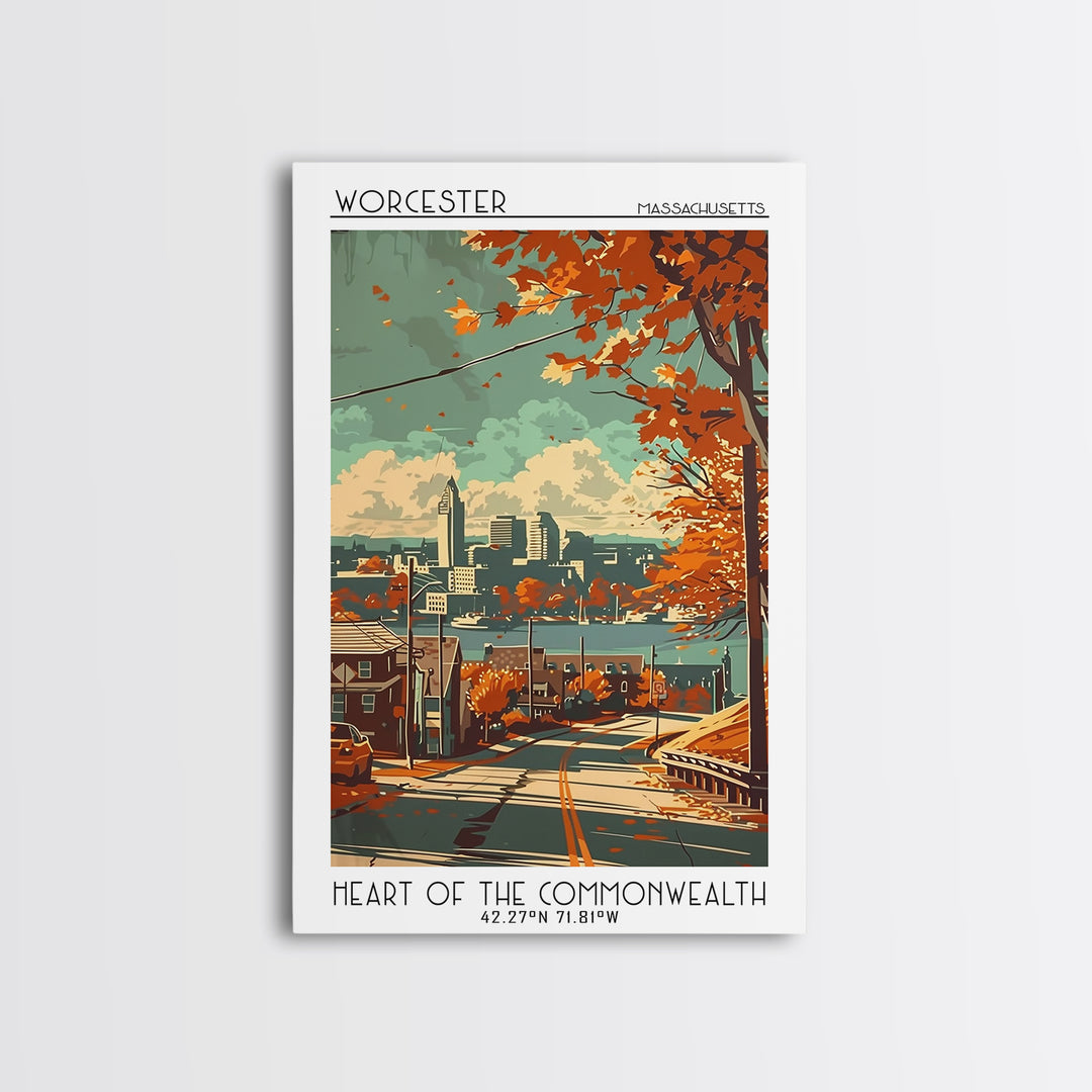 Worcester Massachusetts Travel Poster, Framed Canvas Print, Travel Prints, Landscape Art, Watercolor Cityscape, Mid Century Wall Art