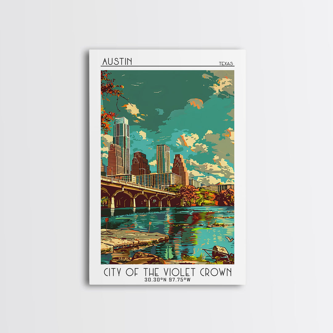 Austin Travel Poster, Framed Canvas Print, Travel Prints, Landscape Art, Travel Art Print, Home Office Decor, Wall Art, Travel Decor