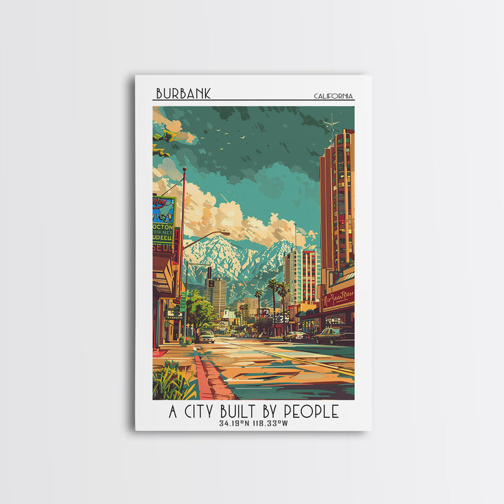 Burbank Travel Poster, Canvas Print, Retro Wall Art, Travel Print, Colorful Wall Art, City Illustration, Poster Print, Travel Prints