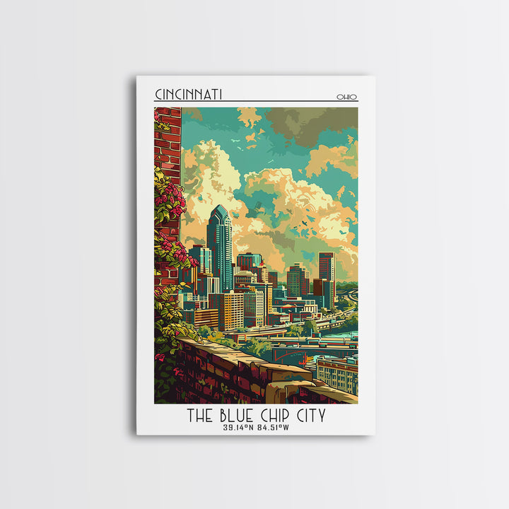 Cincinnati Travel Poster, Canvas Print, Retro Travel Poster, City Wall Art, Mid Century Wall Art, Travel Print, Watercolor Cityscape