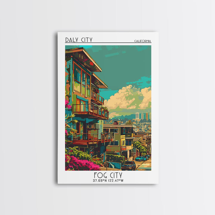 Daly City Travel Poster, Framed Canvas Print, Retro Wall Art, Travel Print, Living Room Wall Art, Vintage Travel, City Travel Poster